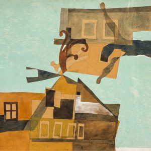 VAJDA Lajos: Szentendrei házak feszülettel, 1937 tempera, kollázs, karton | Ferenczy Múzeumi Centrum